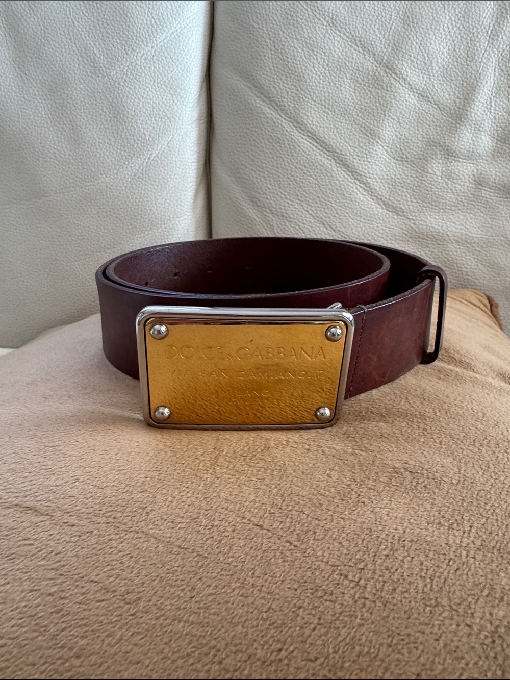 💯 authentic Dolce & Gabbana Brown Leather Belt with Gold Plate Buckle